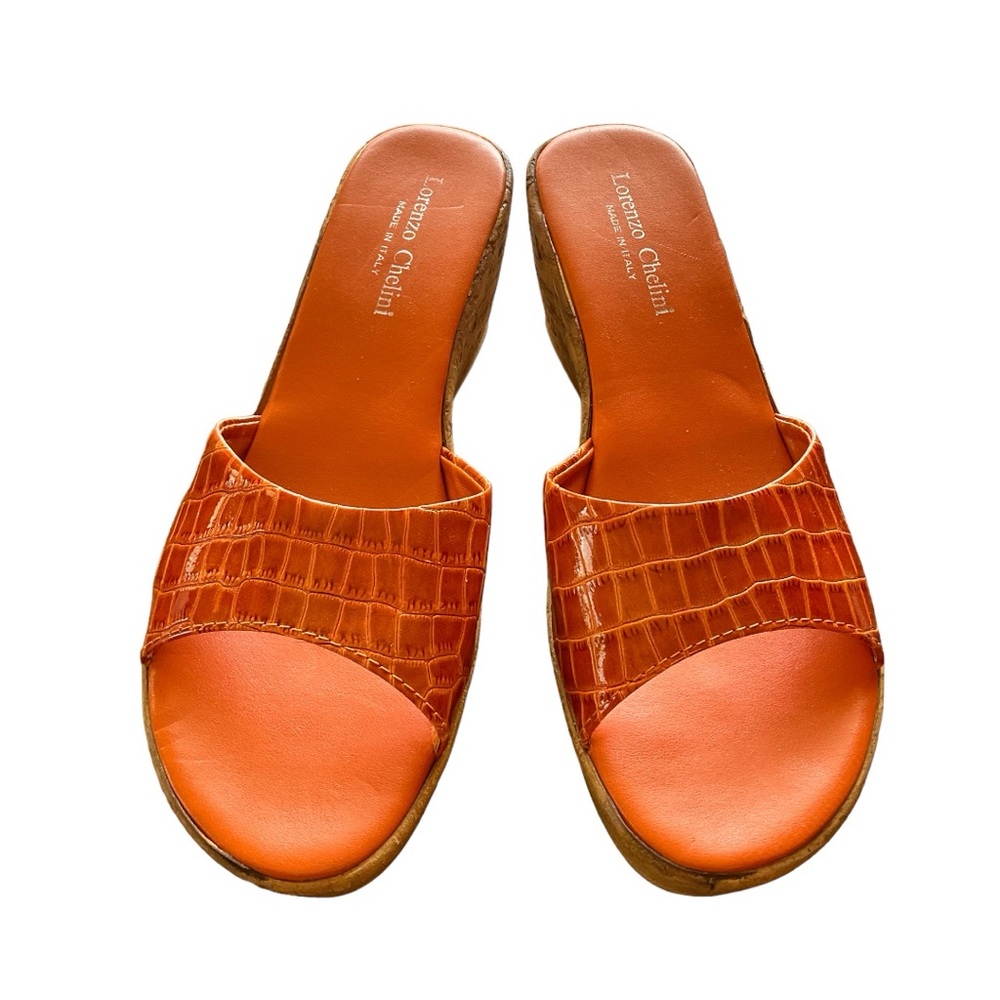 Orange Stamped Leather Slip Ons Sandals Wedge